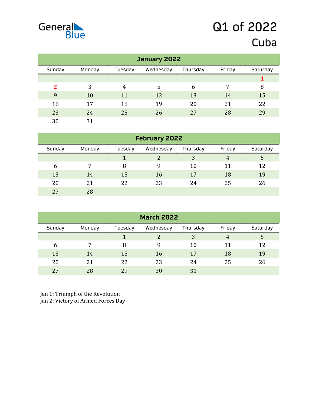  Quarterly Calendar 2022 with Cuba Holidays 