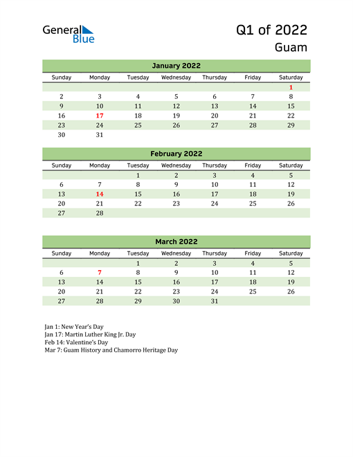  Quarterly Calendar 2022 with Guam Holidays 