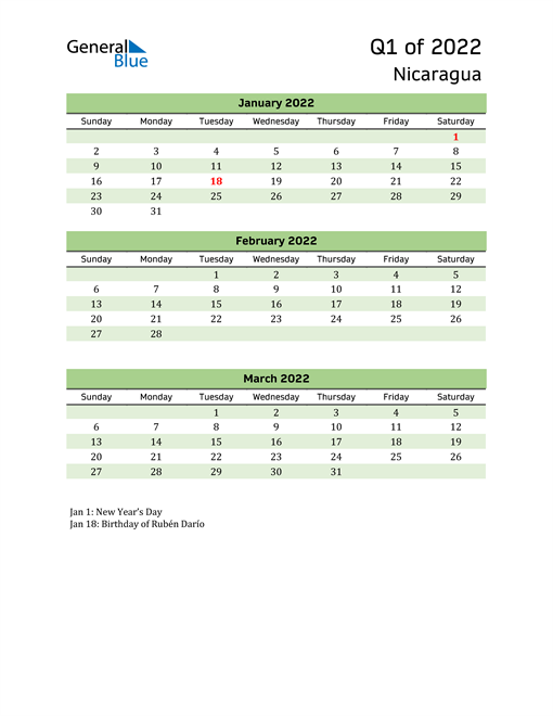  Quarterly Calendar 2022 with Nicaragua Holidays 