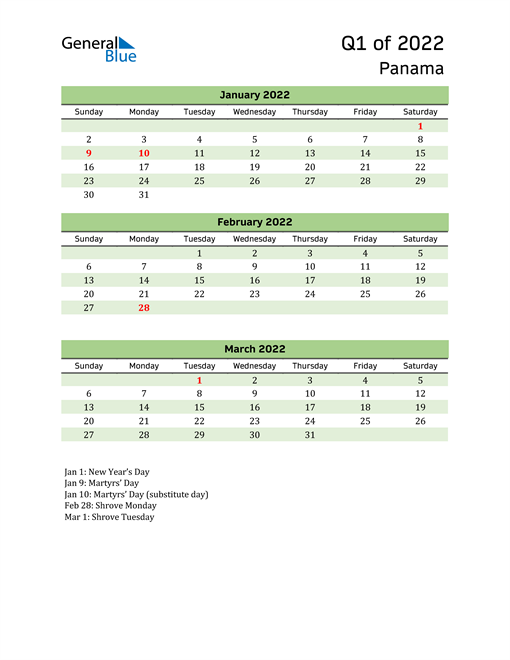  Quarterly Calendar 2022 with Panama Holidays 