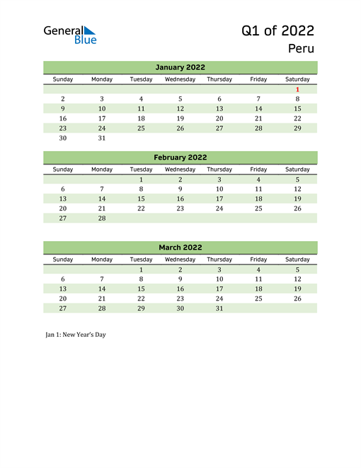  Quarterly Calendar 2022 with Peru Holidays 