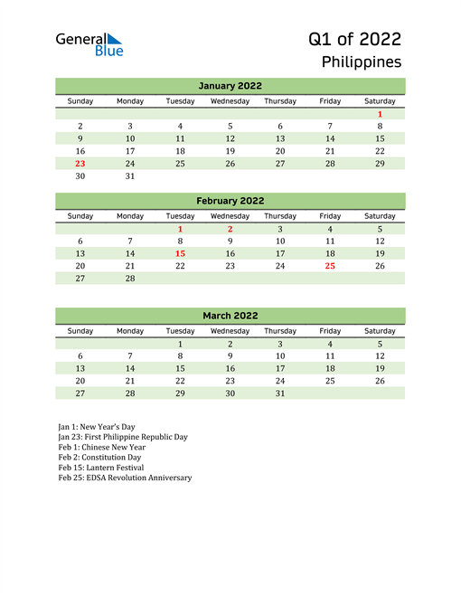  Quarterly Calendar 2022 with Philippines Holidays 