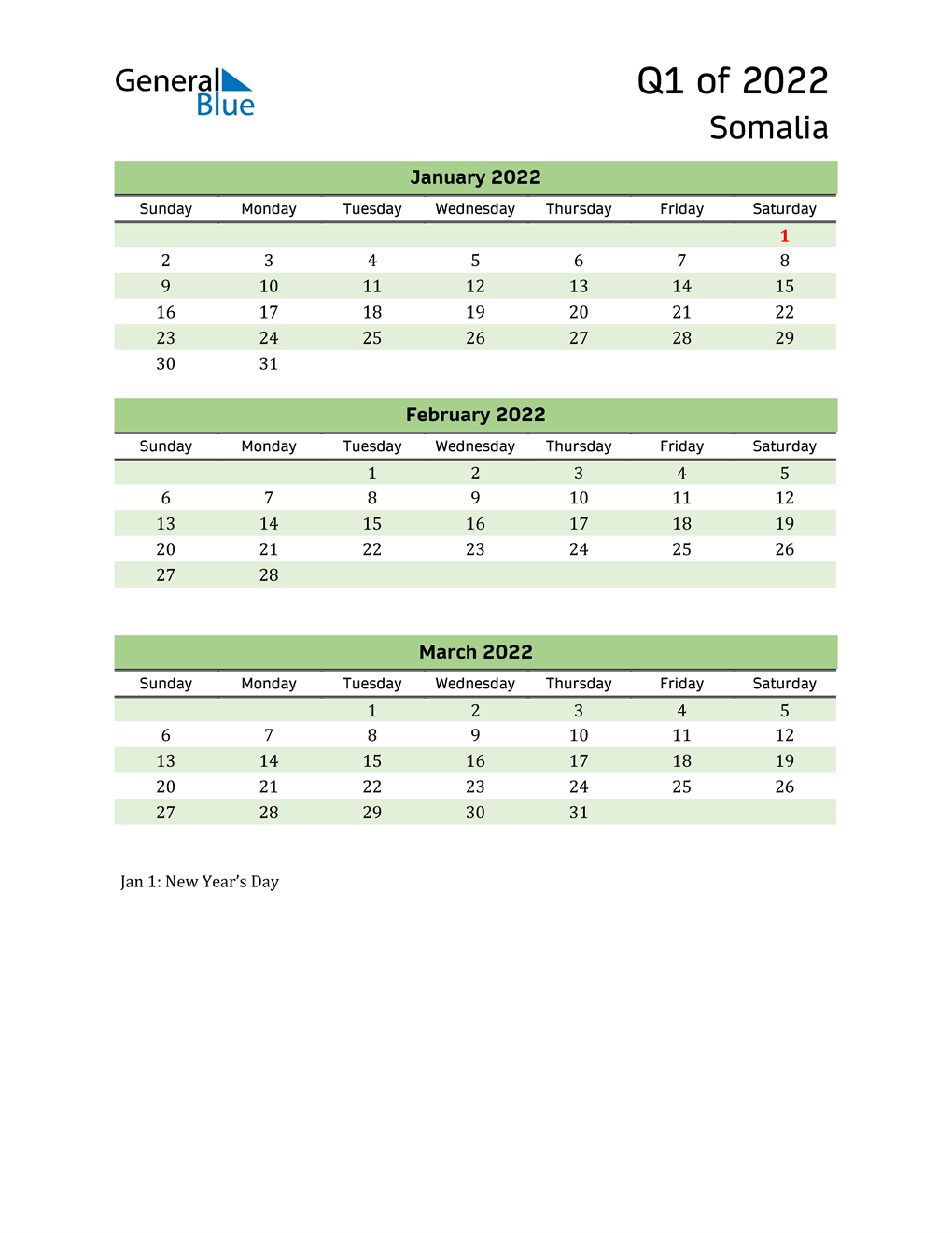 Quarterly Calendar 2022 with Somalia Holidays 