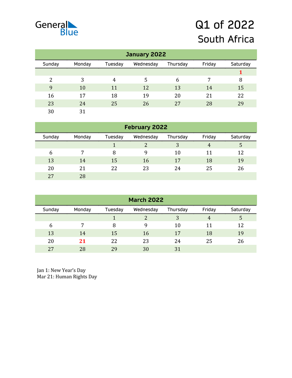 Q1 2022 Quarterly Calendar With South Africa Holidays 1795