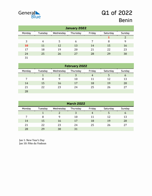 Quarterly Calendar 2022 with Benin Holidays