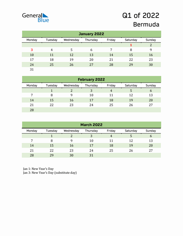 Quarterly Calendar 2022 with Bermuda Holidays