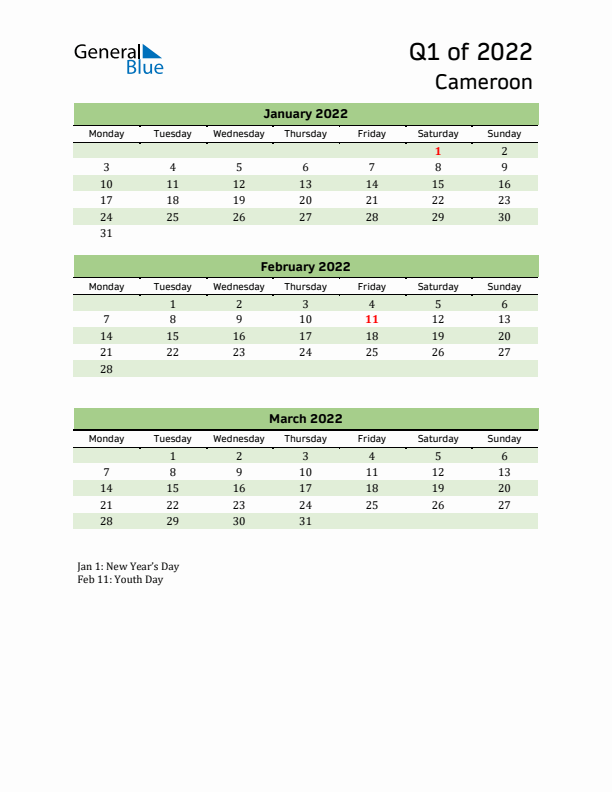 Quarterly Calendar 2022 with Cameroon Holidays