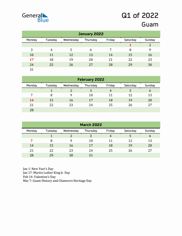 Quarterly Calendar 2022 with Guam Holidays