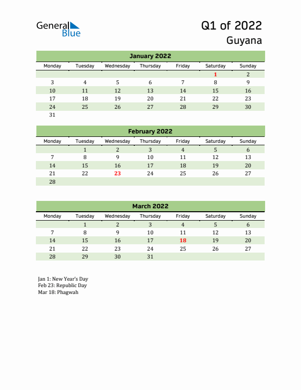 Quarterly Calendar 2022 with Guyana Holidays