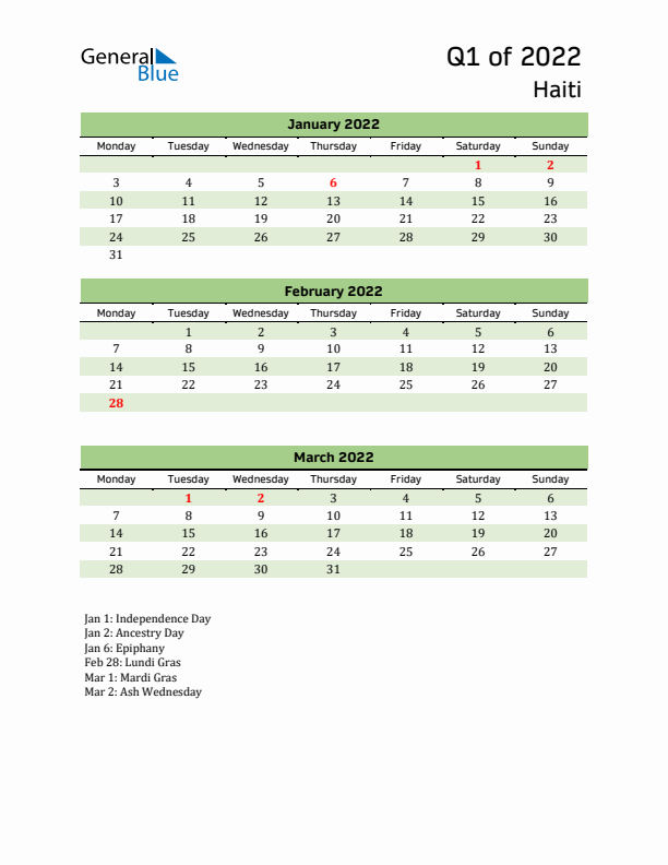 Quarterly Calendar 2022 with Haiti Holidays