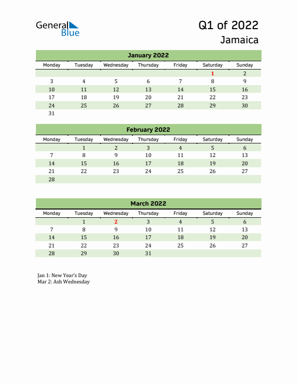 Quarterly Calendar 2022 with Jamaica Holidays