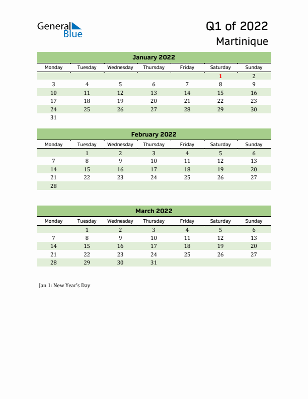 Quarterly Calendar 2022 with Martinique Holidays