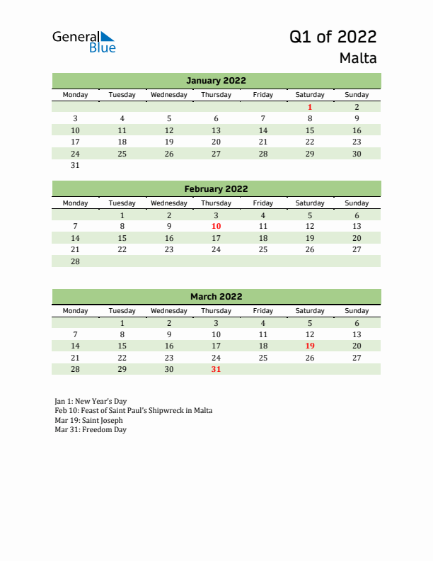 Quarterly Calendar 2022 with Malta Holidays