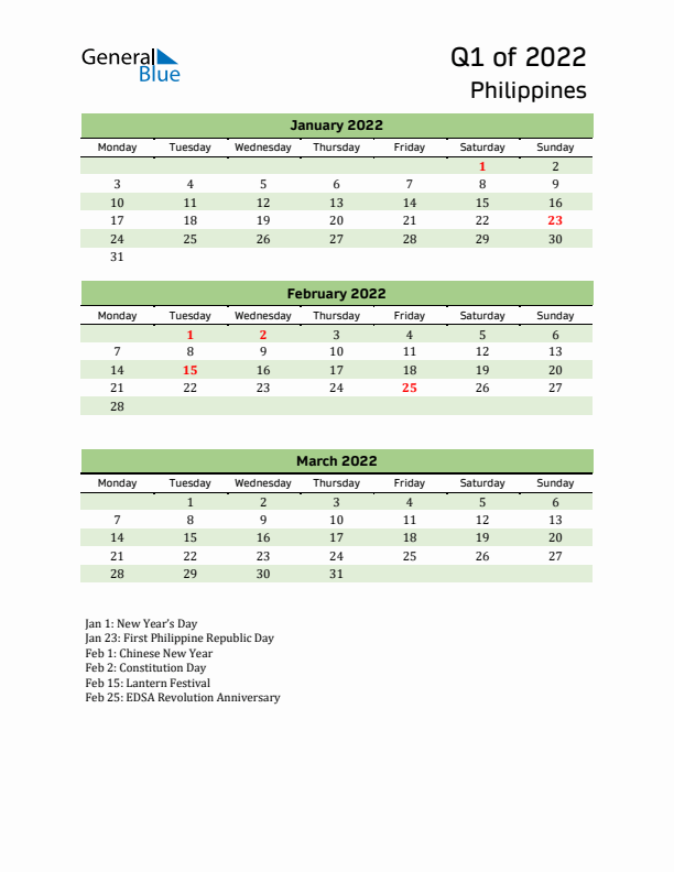 Quarterly Calendar 2022 with Philippines Holidays
