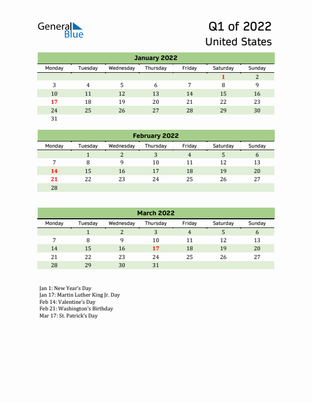 Quarterly Calendar 2022 with United States Holidays