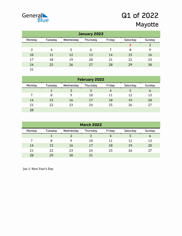 Quarterly Calendar 2022 with Mayotte Holidays