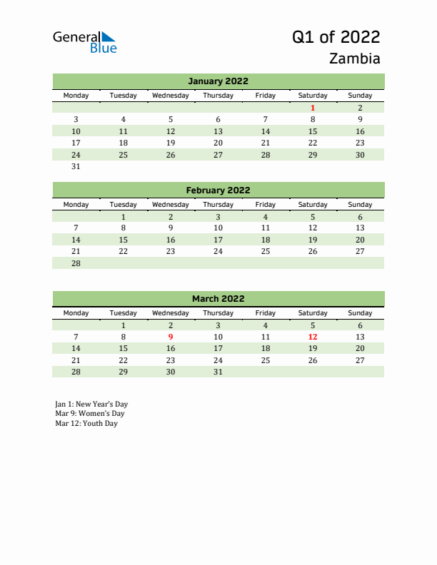 Quarterly Calendar 2022 with Zambia Holidays