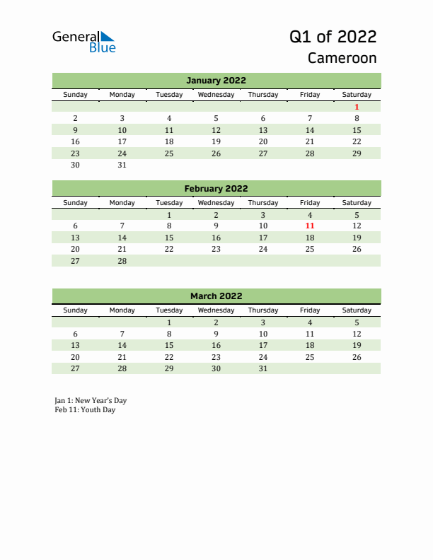 Quarterly Calendar 2022 with Cameroon Holidays