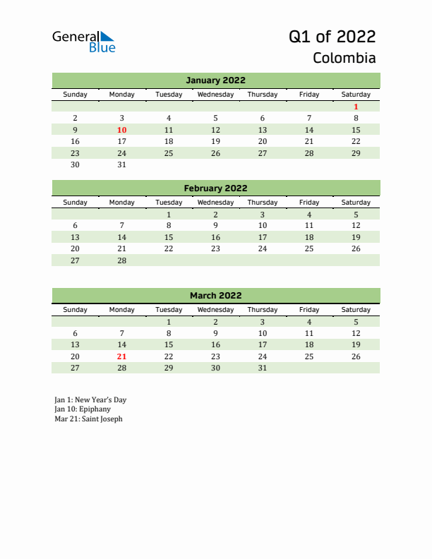 Quarterly Calendar 2022 with Colombia Holidays