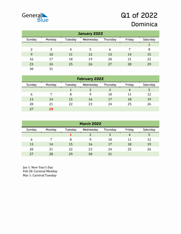Quarterly Calendar 2022 with Dominica Holidays