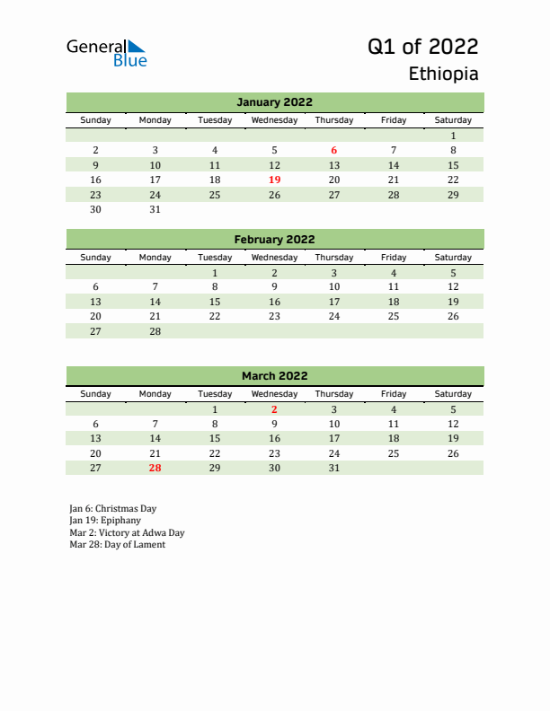 Quarterly Calendar 2022 with Ethiopia Holidays