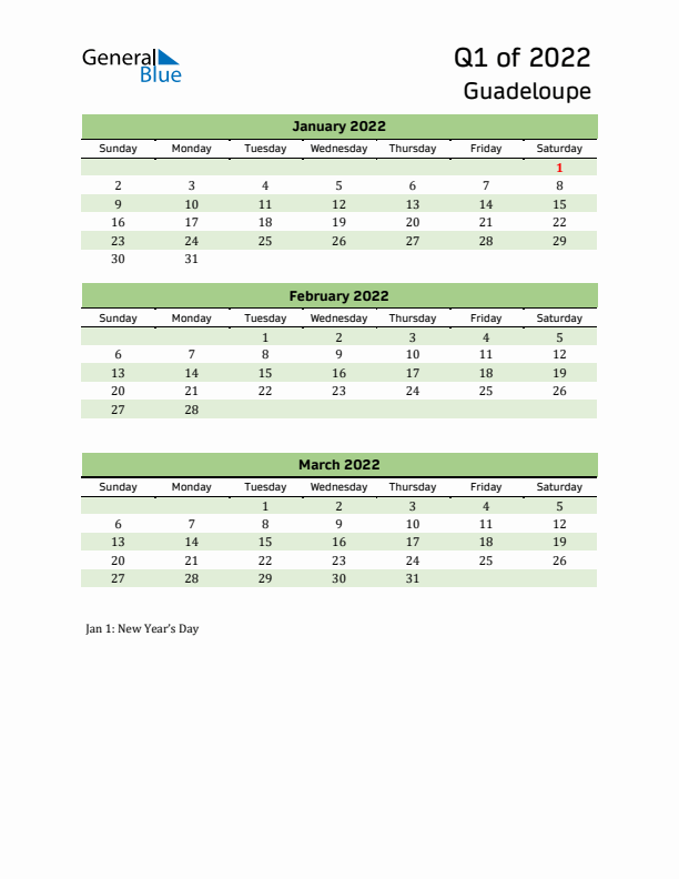 Quarterly Calendar 2022 with Guadeloupe Holidays