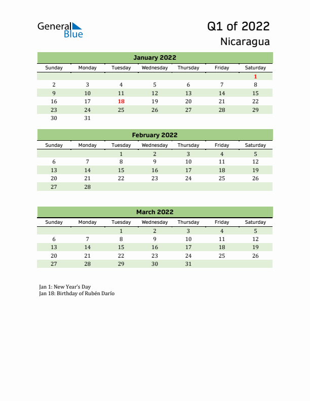 Quarterly Calendar 2022 with Nicaragua Holidays