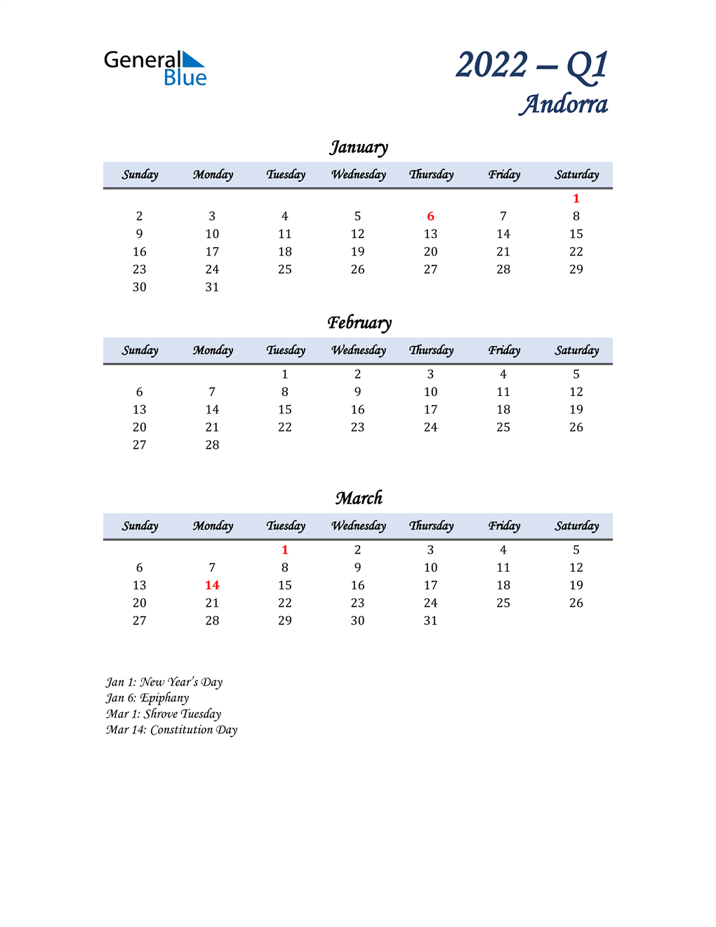  January, February, and March Calendar for Andorra