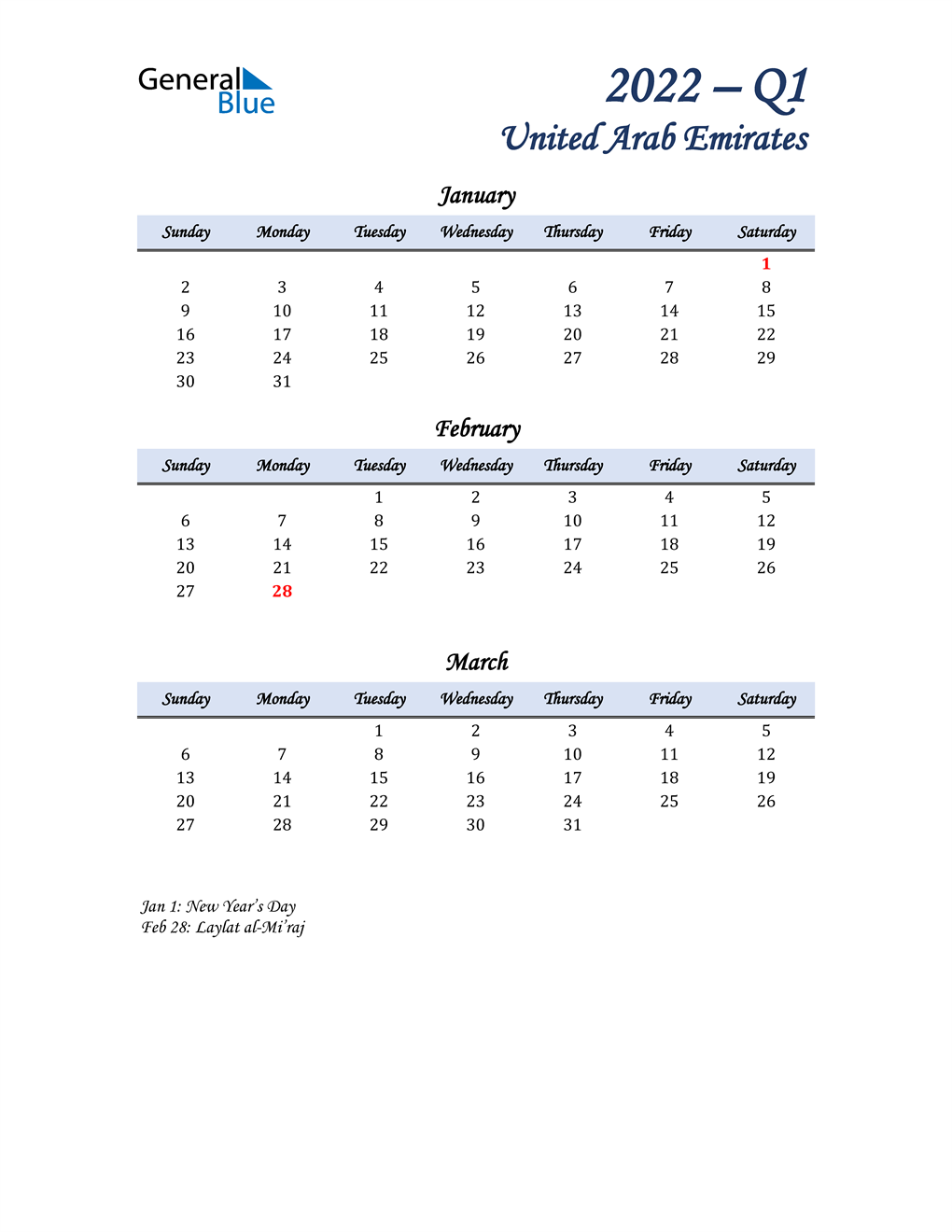 January, February, and March Calendar for United Arab Emirates