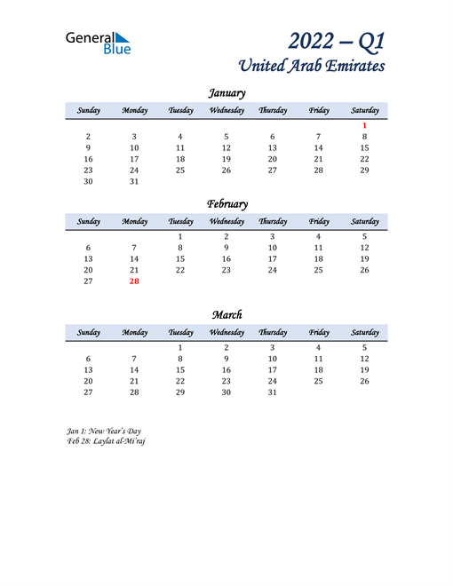 January, February, and March Calendar for United Arab Emirates
