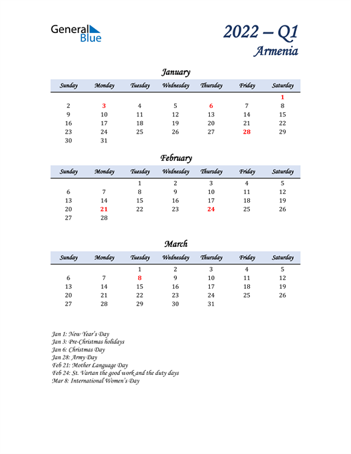  January, February, and March Calendar for Armenia