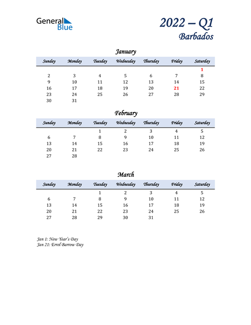  January, February, and March Calendar for Barbados