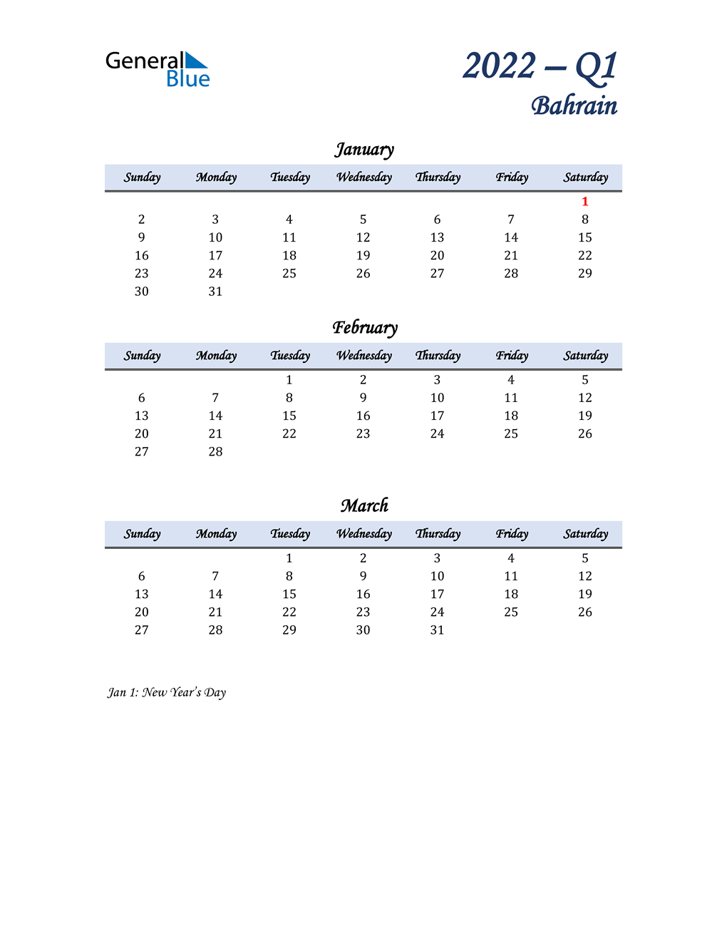  January, February, and March Calendar for Bahrain