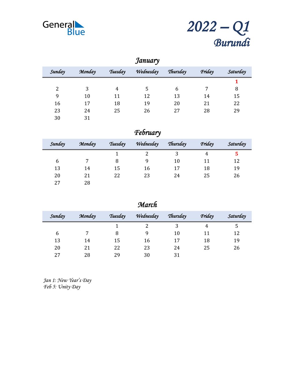  January, February, and March Calendar for Burundi