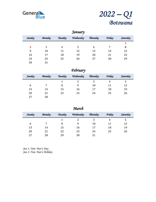  January, February, and March Calendar for Botswana