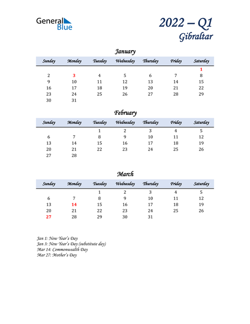  January, February, and March Calendar for Gibraltar