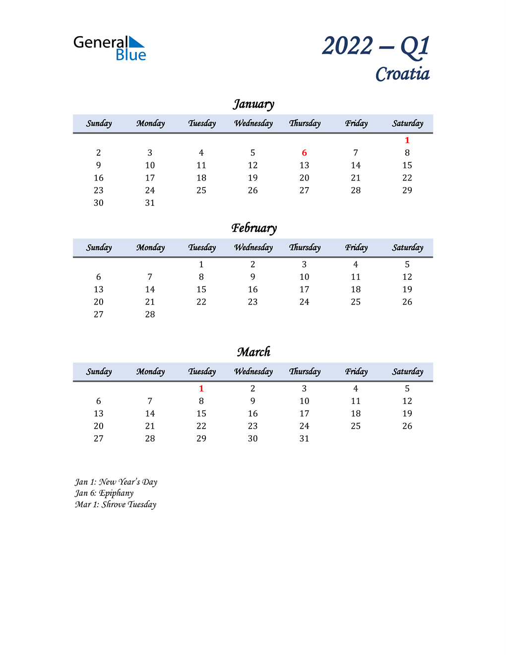  January, February, and March Calendar for Croatia