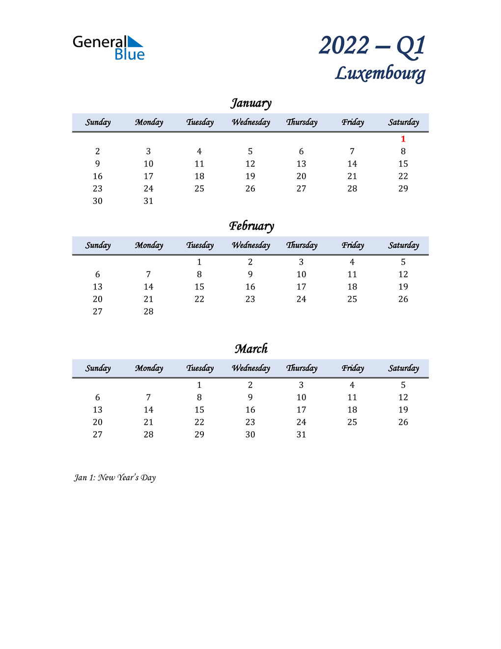  January, February, and March Calendar for Luxembourg
