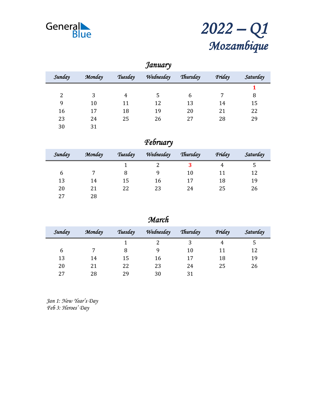  January, February, and March Calendar for Mozambique