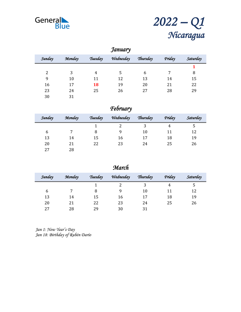  January, February, and March Calendar for Nicaragua