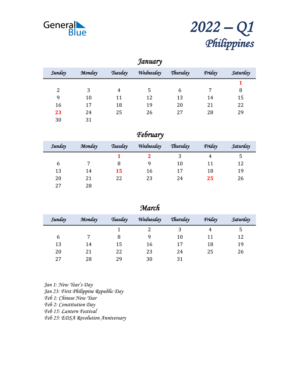  January, February, and March Calendar for Philippines