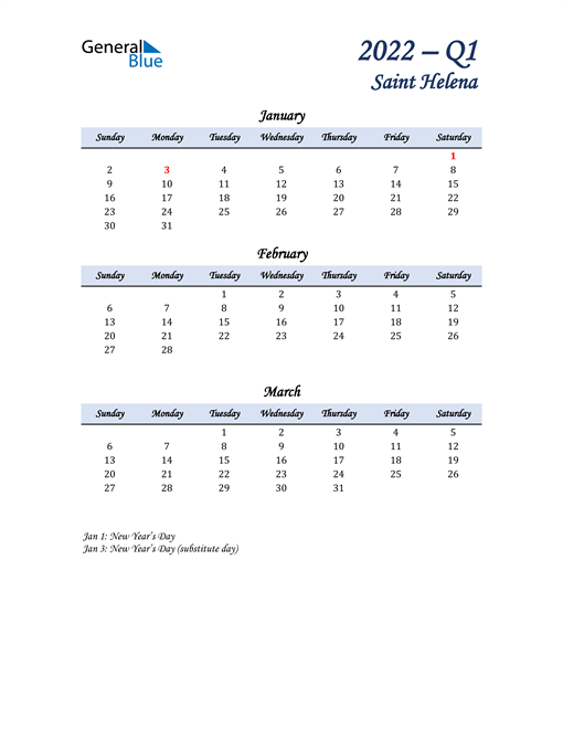 January, February, and March Calendar for Saint Helena