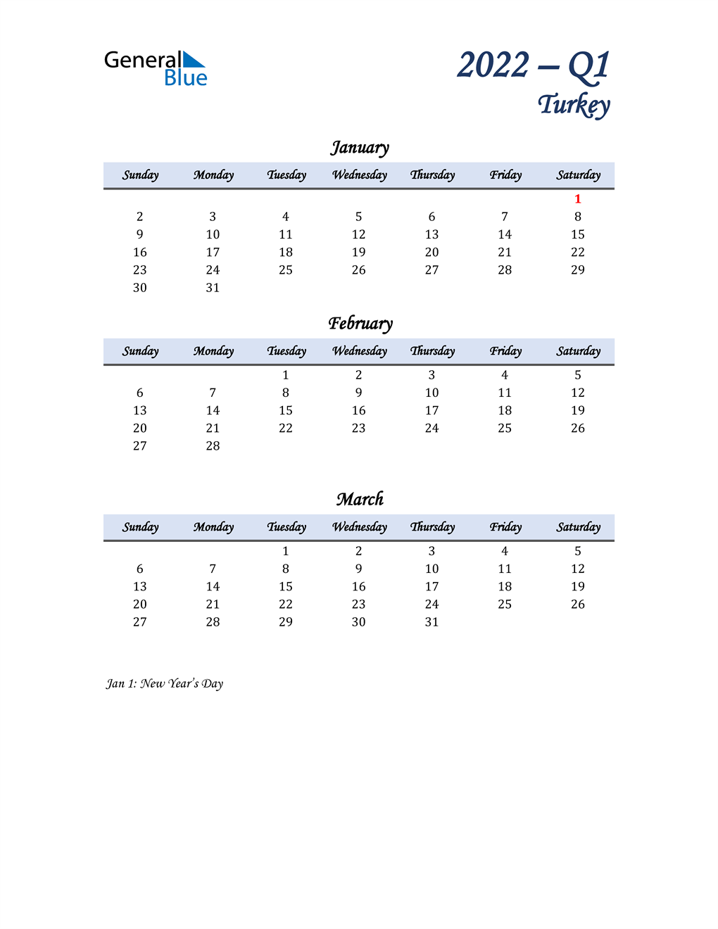 January, February, and March Calendar for Turkey