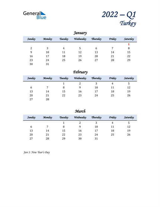  January, February, and March Calendar for Turkey
