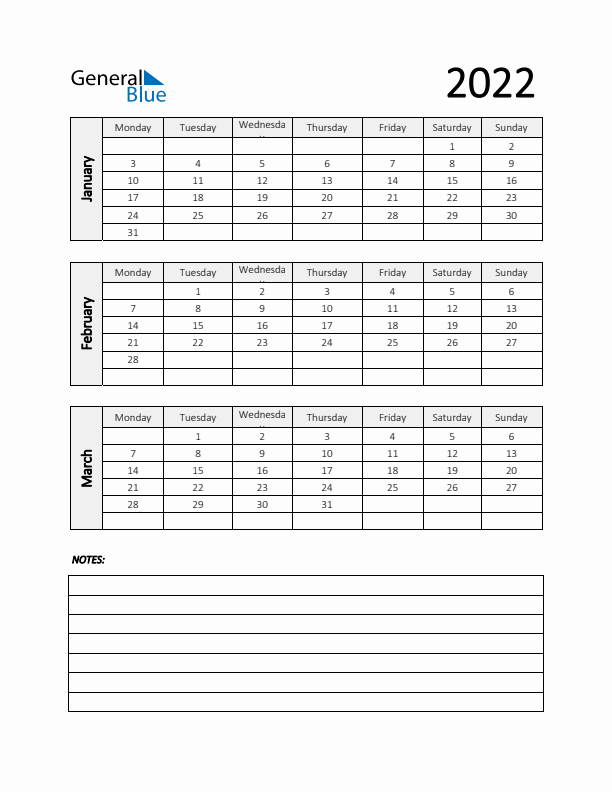 Q1 2022 Calendar with Notes