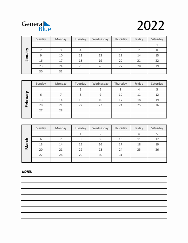 Q1 2022 Calendar with Notes