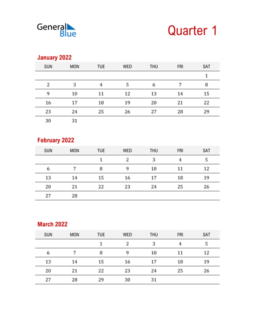  Three-Month Printable Calendar 2022