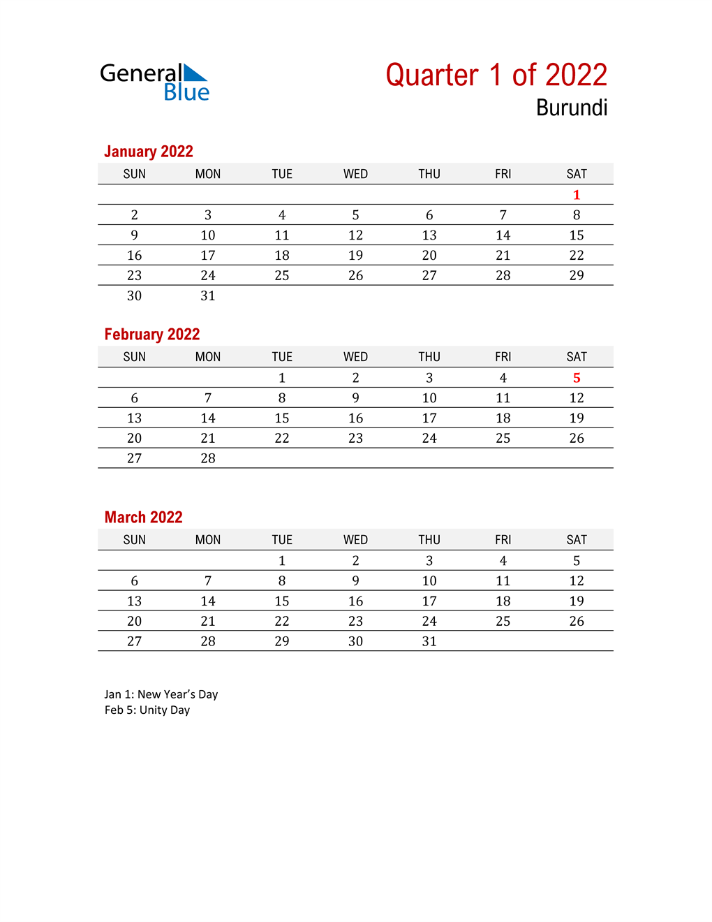  Printable Three Month Calendar for Burundi
