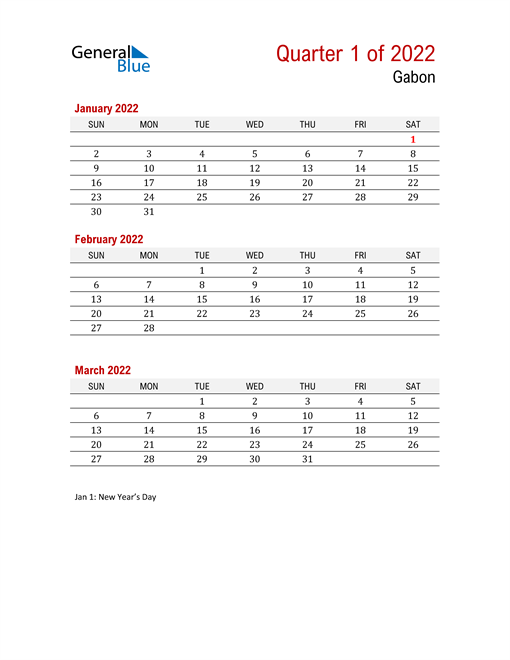  Printable Three Month Calendar for Gabon