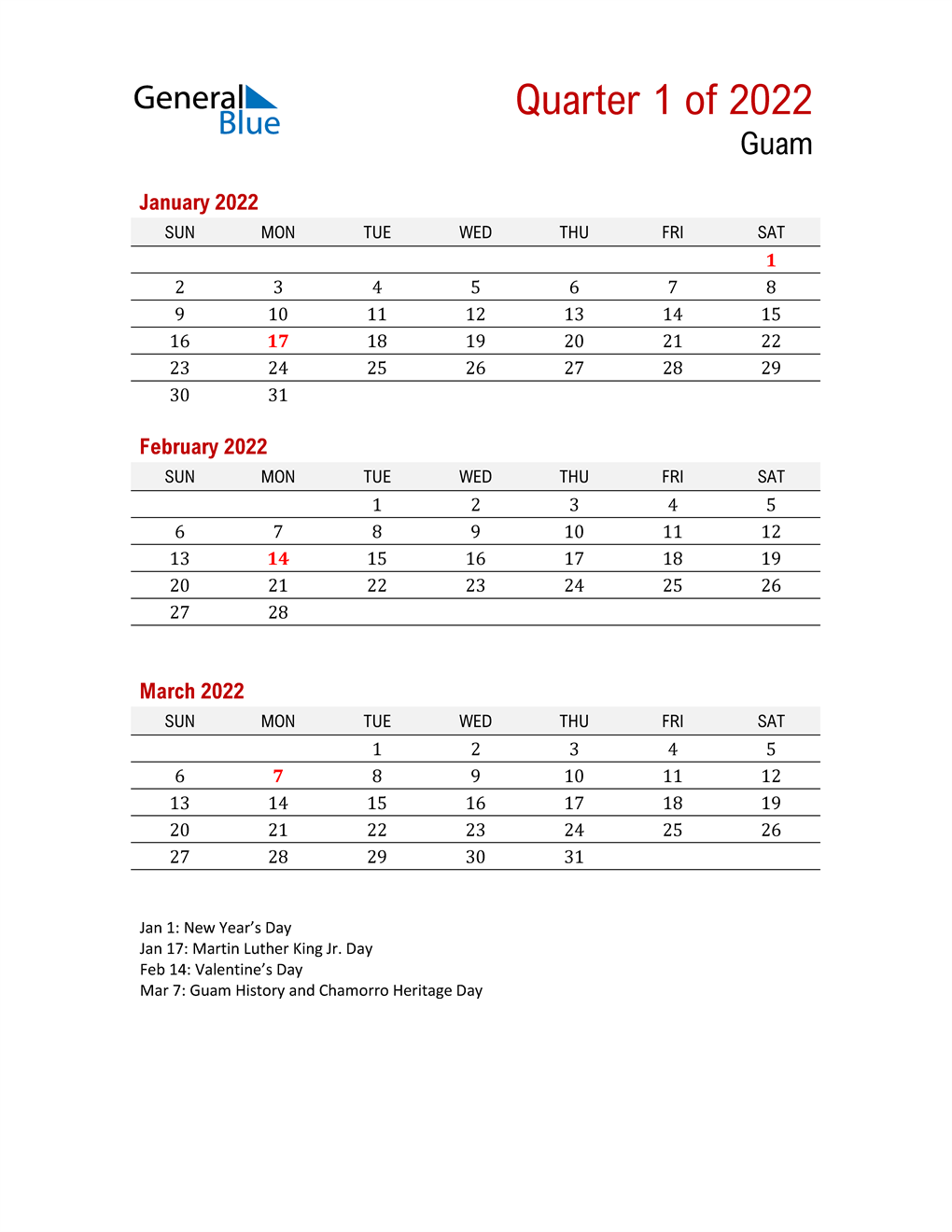  Printable Three Month Calendar for Guam